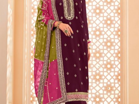 Dazzling Wine Embroidered Chinnon Palazzo Salwar Kurta - Emponline Online Sale