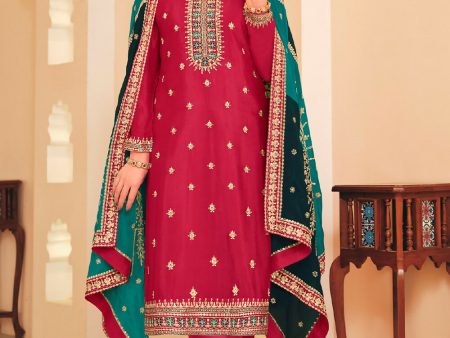 Dazzling Red Embroidered Chinnon Palazzo Salwar Kurta - Emponline Fashion