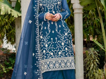 Prussian Blue Stone & Cording Work Festive Palazzo Suit - Emponline Fashion