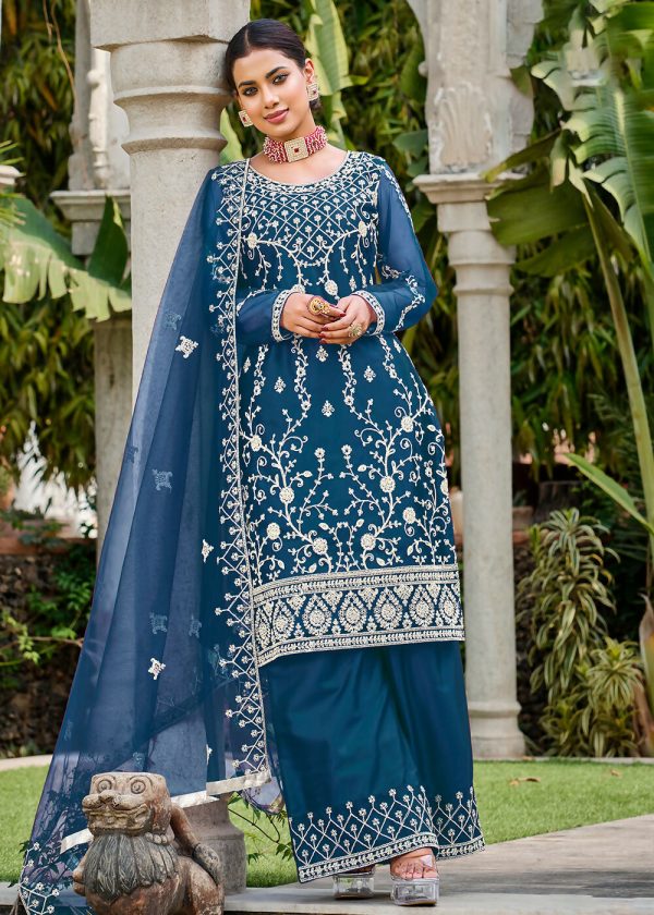 Prussian Blue Stone & Cording Work Festive Palazzo Suit - Emponline Fashion