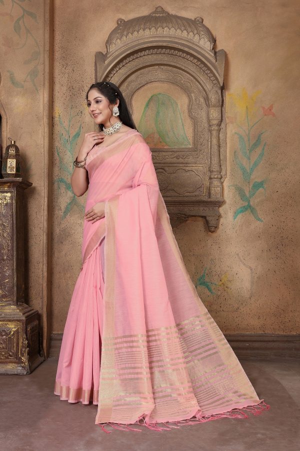 NOZ2TOZ Women s Party Wear Weaving Work Linen Saree with Un Stitched Blouse - Pink Discount