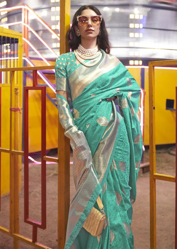 Beautiful Aqua Blue Handloom Weaving Silk Saree - Emponline Online now