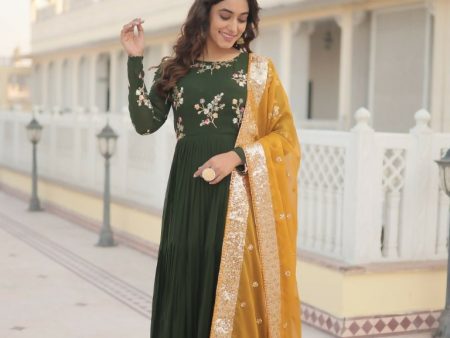 Aastha Fashion Women s Bottle Green Faux Georgette Sequins Embroidered Anarkali Dress with Dupatta Online