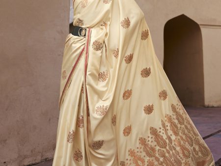 Buttermilk Beige Pure Satin Zari Weaving Wedding Festive Saree - Emponline For Discount