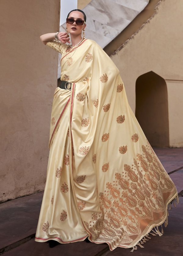 Buttermilk Beige Pure Satin Zari Weaving Wedding Festive Saree - Emponline For Discount