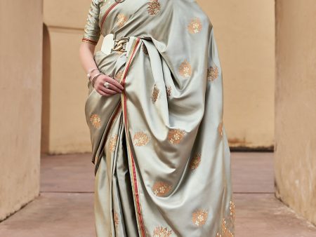 Dusty Grey Pure Satin Zari Weaving Wedding Festive Saree - Emponline Online Hot Sale