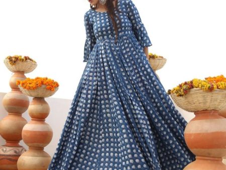 Aastha Fashion Women s Blue Cotton Silk Digital Printed Anarkali Dress on Sale