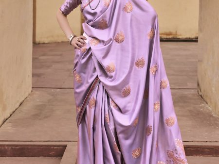 Lilac Purple Pure Satin Zari Weaving Wedding Festive Saree - Emponline Hot on Sale