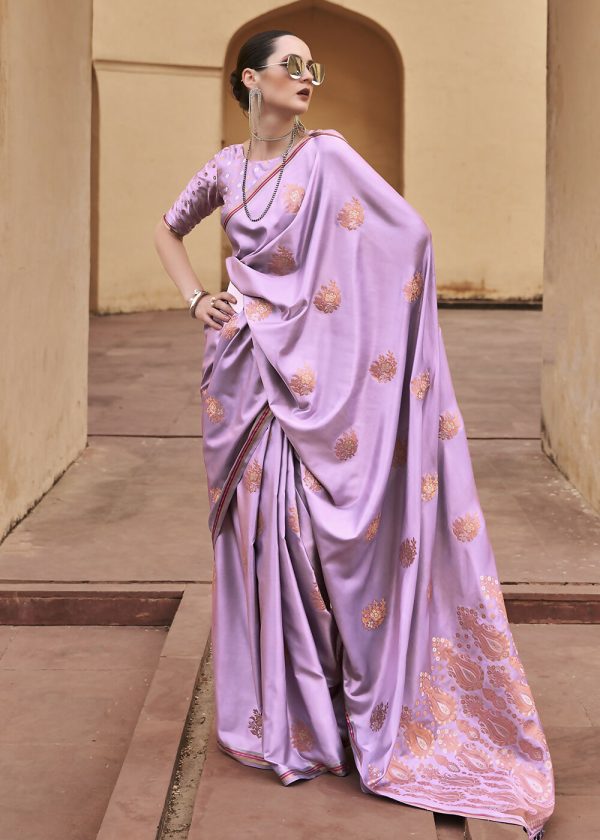 Lilac Purple Pure Satin Zari Weaving Wedding Festive Saree - Emponline Hot on Sale