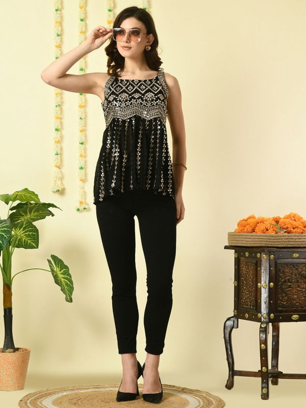 Myshka Women s Black Embroidered Party Fusion Top Online Hot Sale