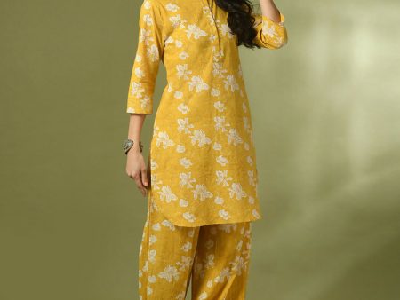 Myshka Women s Yellow Printed Cotton Round Neck Party Tunic With Trousers Co-ord set For Discount