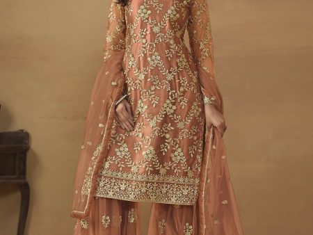 Tangy Brown Net Embroidered Wedding Festive Gharara Suit - Emponline Cheap