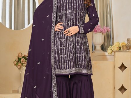 Faux Georgette Purple Embroidered Gharara Style Suit - Emponline Sale