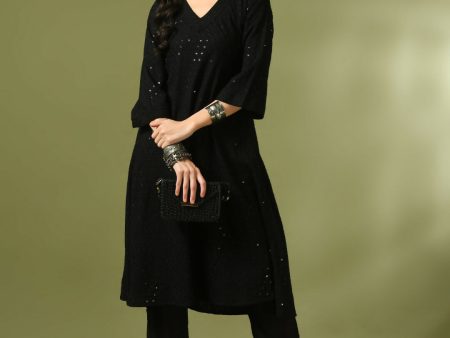 Myshka Women s Black Embroidered Cotton A-Line Party Kurta Set Fashion