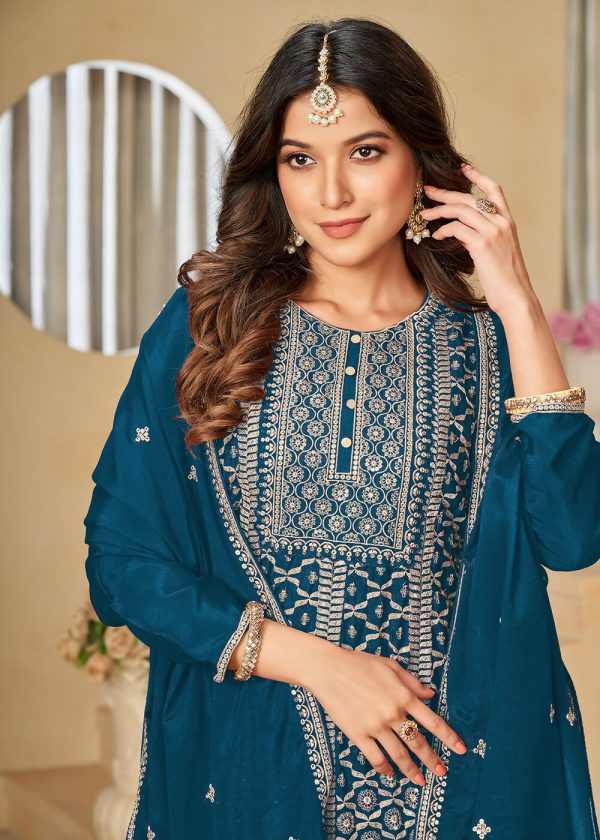 Chinnon Peacock Blue Embroidered Palazzo Salwar Suit - Emponline Supply