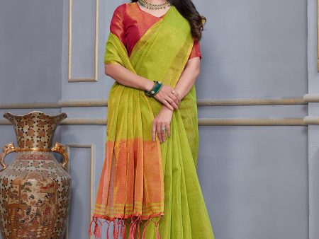 NOZ2TOZ Women s Party Wear Weaving Work Linen Saree with Un Stitched Blouse - Parrot Green Supply