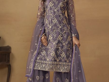 Dusty Purple Net Embroidered Wedding Festive Gharara Suit - Emponline Fashion