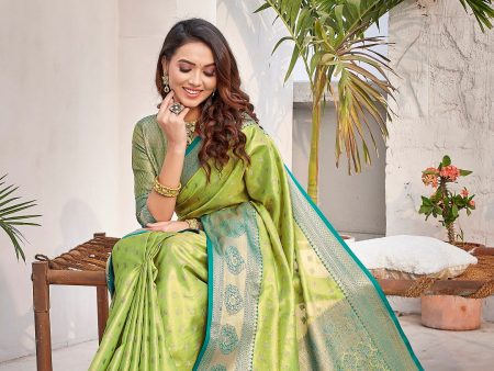 NOZ2TOZ Women s Party Wear Weaving Work Zarna Silk Saree with Un Stitched Blouse - Parrot Green Cheap