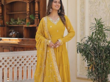 Aastha Fashion Women s Yellow Faux Georgette Sequins Embroidered Anarkali Dress with Dupatta Sale