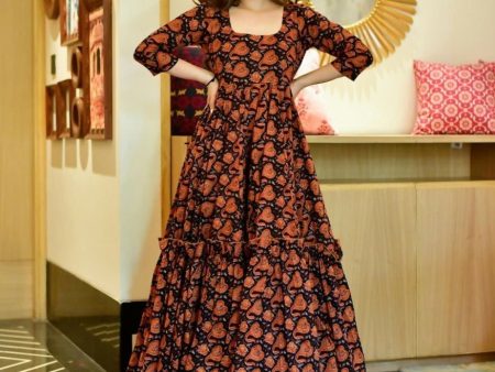 Aastha Fashion Women s Brown Cotton Silk Digital Printed Anarkali Dress Online Sale