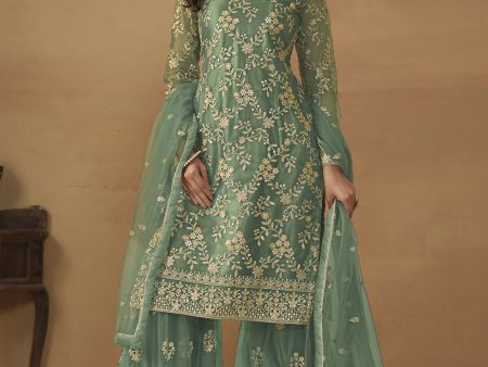 Sea Green Net Embroidered Wedding Festive Gharara Suit - Emponline For Discount