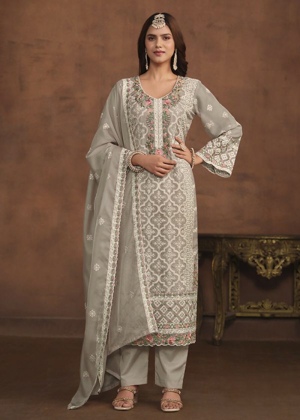 Slate Grey Soft Organza Embroidered Festive Salwar Suit - Emponline For Sale