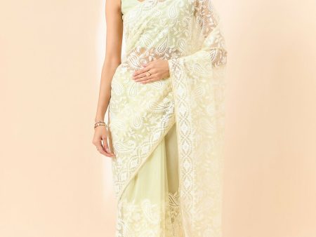 Yellow Organza Paisely Embroidered Saree with Unstitched Blouse Piece - Roozal Online Hot Sale