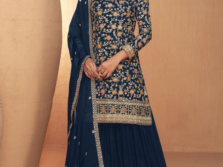 Blue Real Chinnon Embroidered Wedding Festive Palazzo Suit - Emponline Online