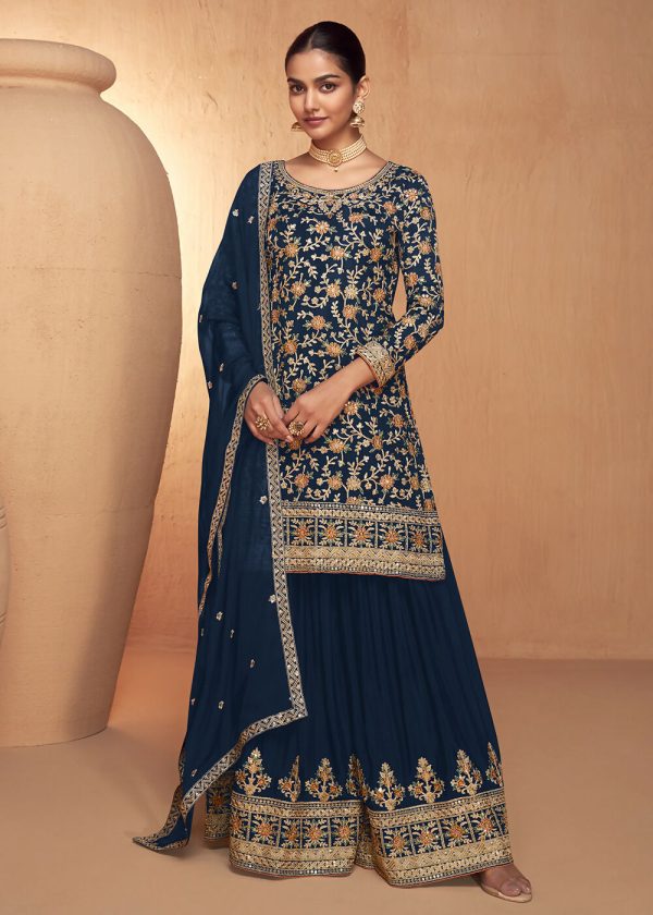 Blue Real Chinnon Embroidered Wedding Festive Palazzo Suit - Emponline Online