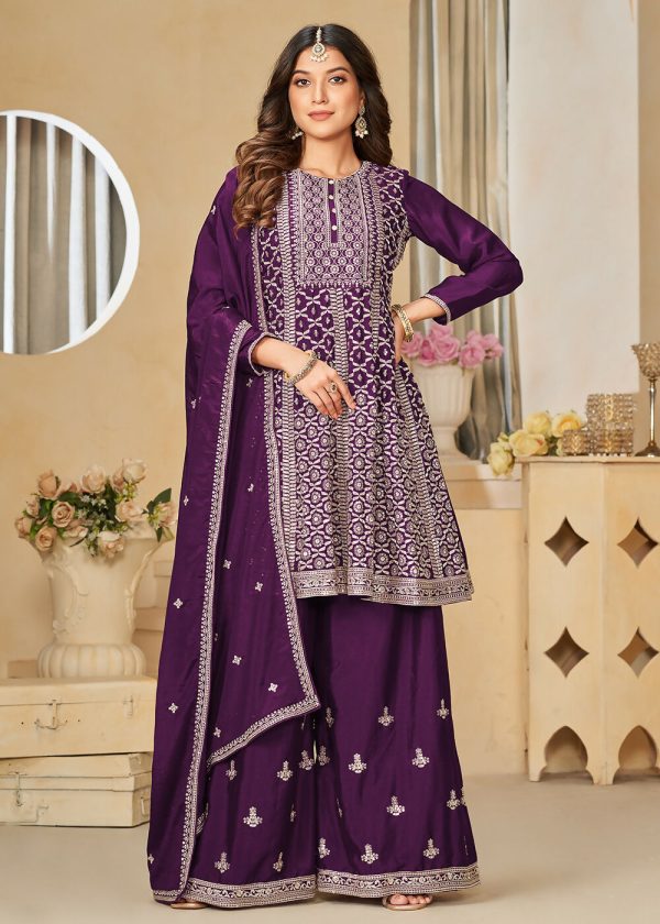 Chinnon Purple Embroidered Palazzo Salwar Suit - Emponline Cheap