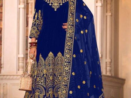 Blue Velvet Front & Back Embroidery Wedding Anarkali Suit - Emponline For Discount