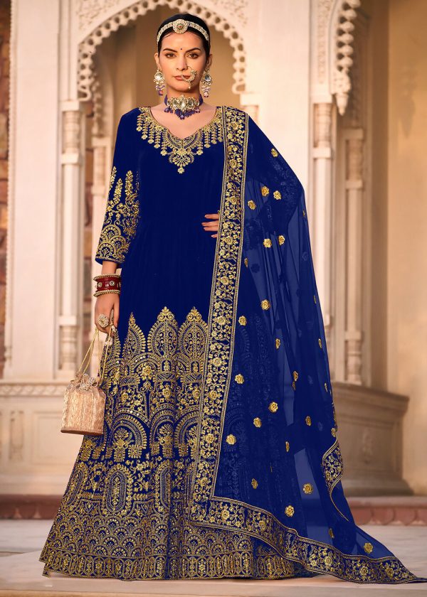 Blue Velvet Front & Back Embroidery Wedding Anarkali Suit - Emponline For Discount