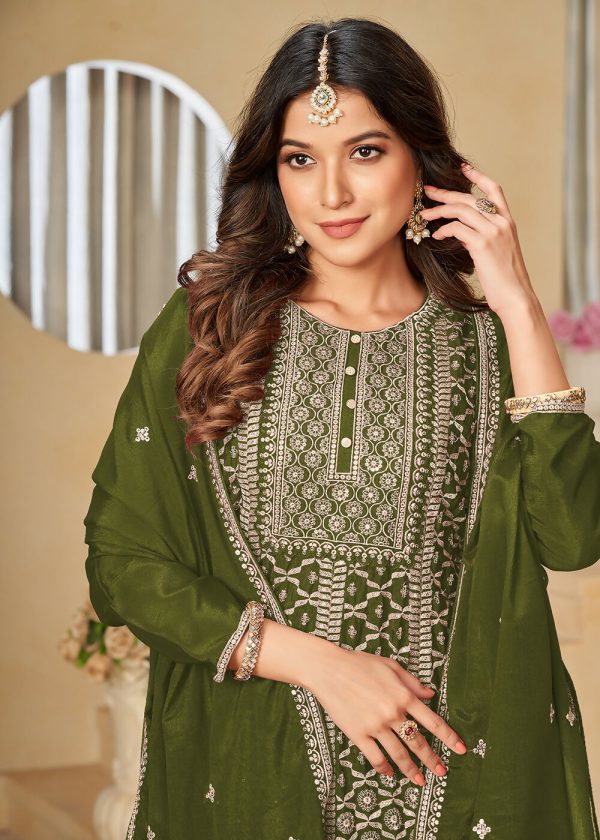 Chinnon Olive Green Embroidered Palazzo Salwar Suit - Emponline Supply