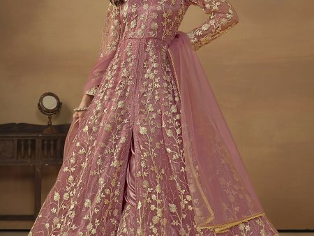 Pant Style Coral Pink Embroidered Net Wedding Anarkali Suit - Emponline Discount