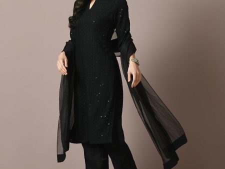 Myshka Women s Black Embroidered Cotton Straight Party Kurta Set With Dupatta Discount