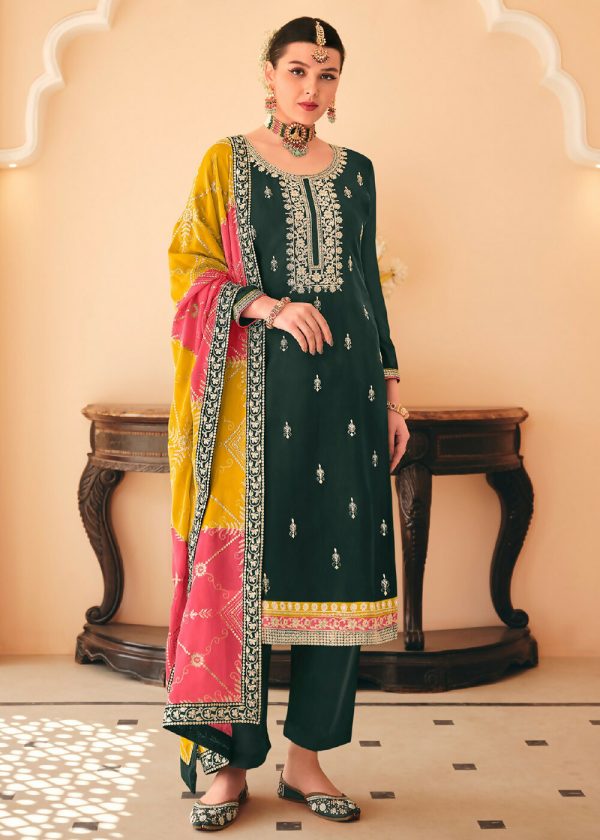 Dazzling Green Embroidered Chinnon Palazzo Salwar Kurta - Emponline For Sale