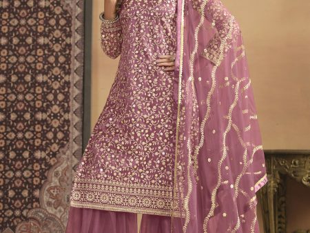 Net Onion Pink Embroidered Festive Gharara Style Suit - Emponline Hot on Sale