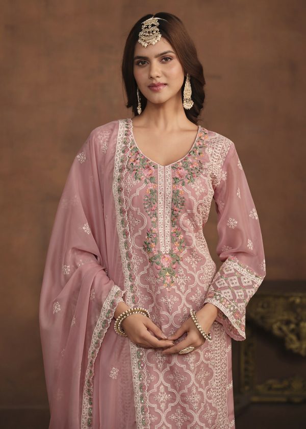 Blush Pink Soft Organza Embroidered Festive Salwar Suit - Emponline Discount