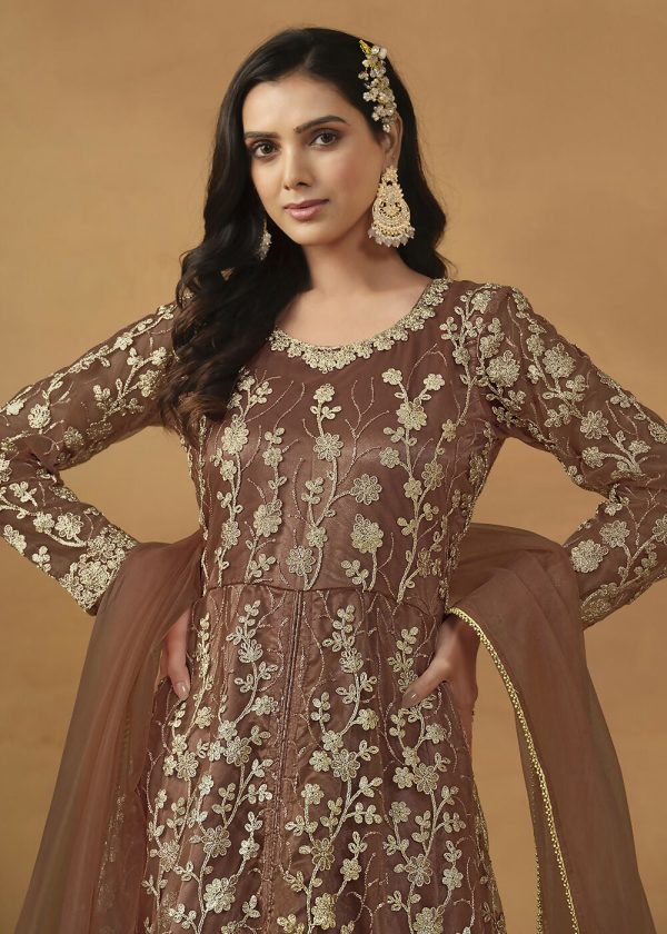 Pant Style Snuff Brown Embroidered Net Wedding Anarkali Suit - Emponline Online Hot Sale