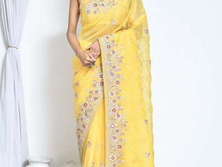 Yellow Organza Satin Silk Sequence Embroidered with Stone work Saree - Nimaya Benzy For Sale