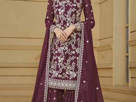 Burgundy Wine Embroidered Georgette Gharara Style Suit - Emponline Cheap