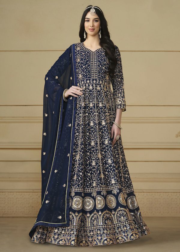 Navy Blue Embroidered Trendy Style Anarkali Suit - Emponline Online Hot Sale