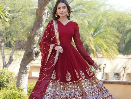 Aastha Fashion Women s Maroon & Golden Faux Georgette Sequins Embroidered Anarkali Dress with Dupatta Supply