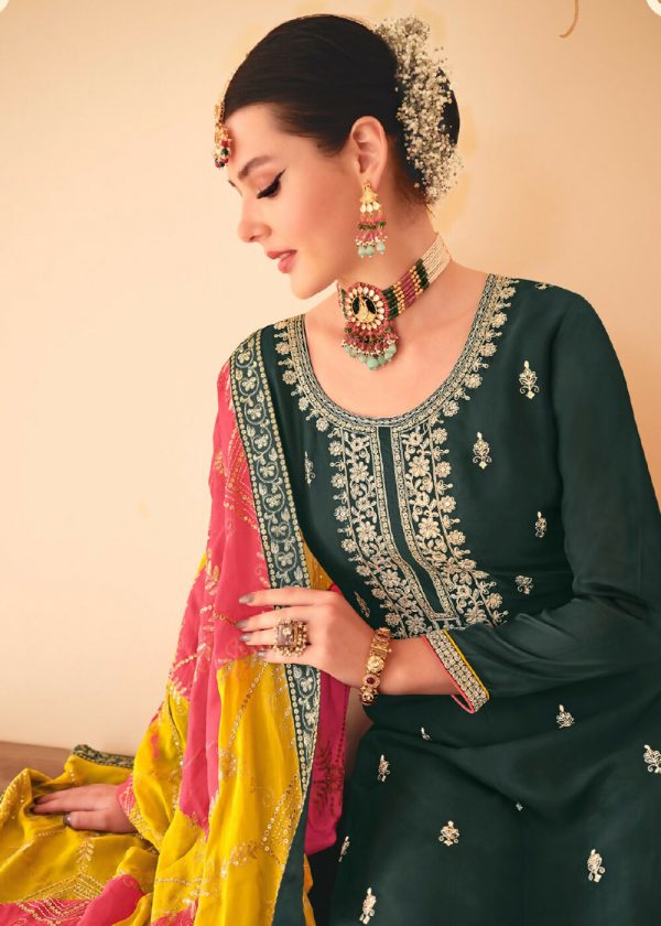 Dazzling Green Embroidered Chinnon Palazzo Salwar Kurta - Emponline For Sale