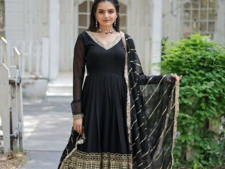 Aastha Fashion Women s Black Faux Georgette Sequins Embroidered Anarkali Dress with Dupatta For Cheap