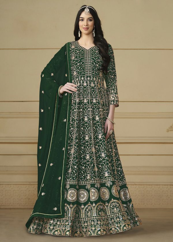 Bottle Green Embroidered Trendy Style Anarkali Suit - Emponline Online