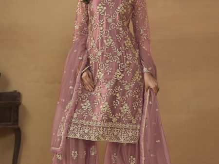 Old Rose Net Embroidered Wedding Festive Gharara Suit - Emponline Sale