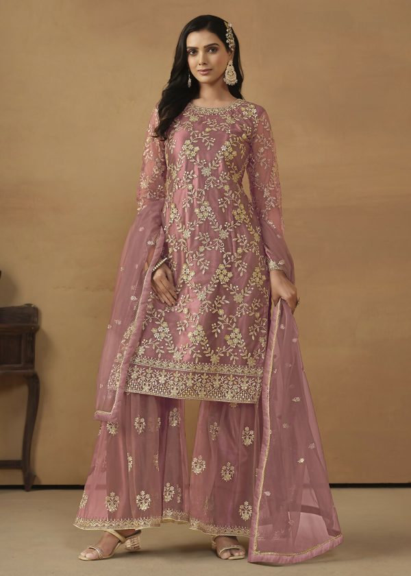 Old Rose Net Embroidered Wedding Festive Gharara Suit - Emponline Sale