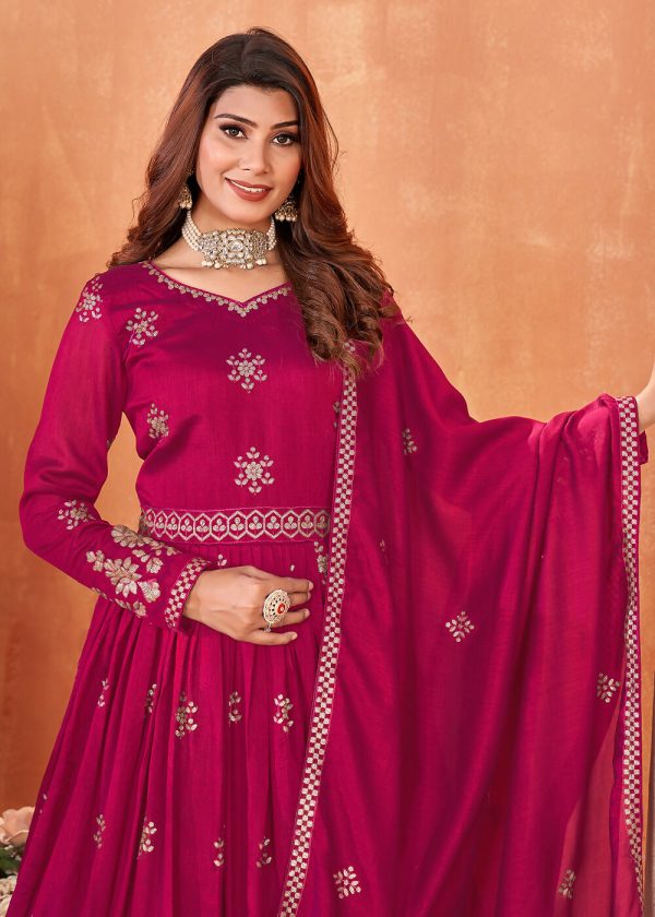 Hot Pink Festive Embroidered Art Silk Anarkali Suit - Emponline on Sale