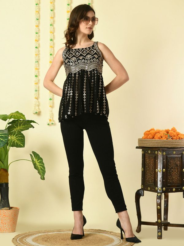 Myshka Women s Black Embroidered Party Fusion Top Online Hot Sale